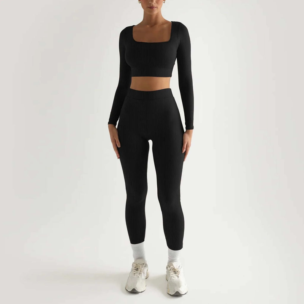 2Pc Yoga Sets for Women Women'S Fashion Casual Solid Color Long Sleeve Square Collar Two Piece Slim Yoga Sports Pants Suit Yoga Sets Yoga Package
