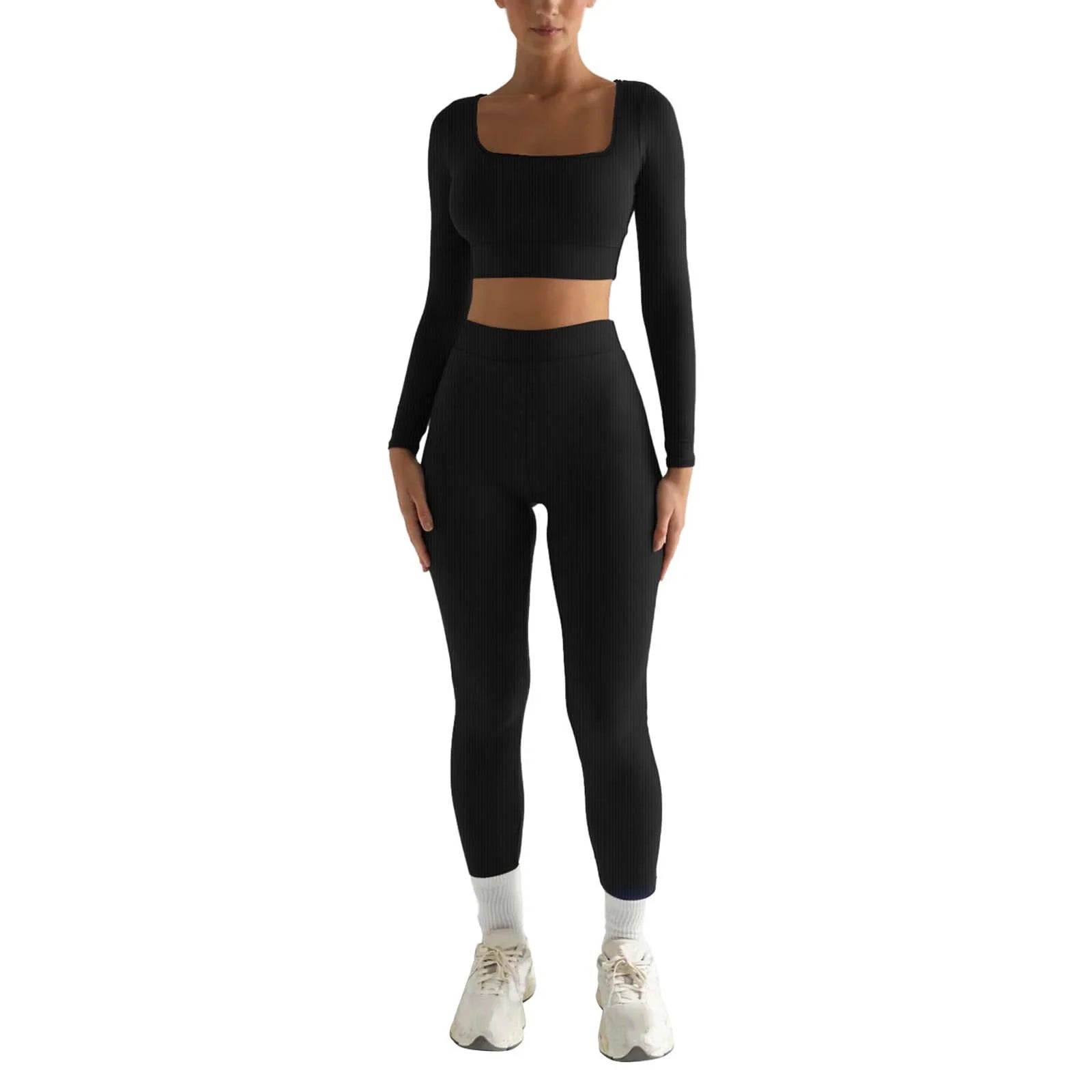 2Pc Yoga Sets for Women Women'S Fashion Casual Solid Color Long Sleeve Square Collar Two Piece Slim Yoga Sports Pants Suit Yoga Sets Yoga Package