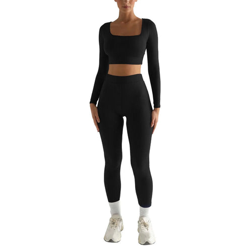2Pc Yoga Sets for Women Women'S Fashion Casual Solid Color Long Sleeve Square Collar Two Piece Slim Yoga Sports Pants Suit Yoga Sets Yoga Package