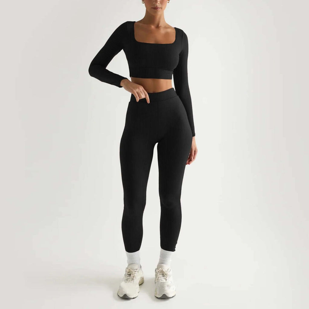 2Pc Yoga Sets for Women Women'S Fashion Casual Solid Color Long Sleeve Square Collar Two Piece Slim Yoga Sports Pants Suit Yoga Sets Yoga Package